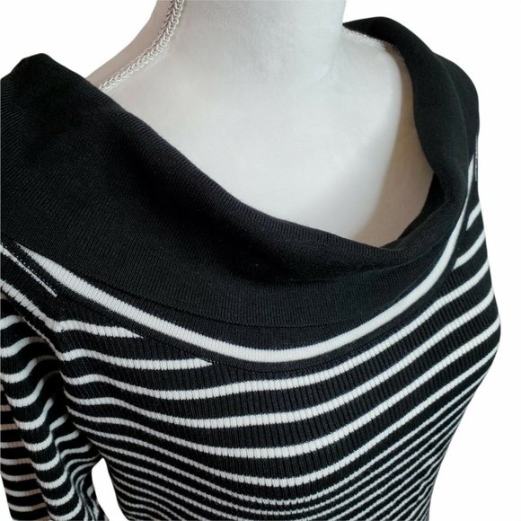 New York and Co Womens Sweater Sz XL Black White Off-Shoulder Neck 7th Avenue LS - Picture 5 of 12
